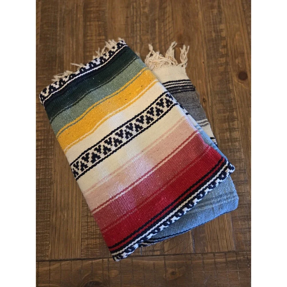 Vintage Mexican Serape Fringe Multicolor Blanket/Throw/Rug 80x57 Vibrant Colors